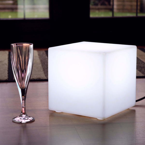 Mains Powered LED Table Lamp, 20cm Cube, White E27 Bulb Installed