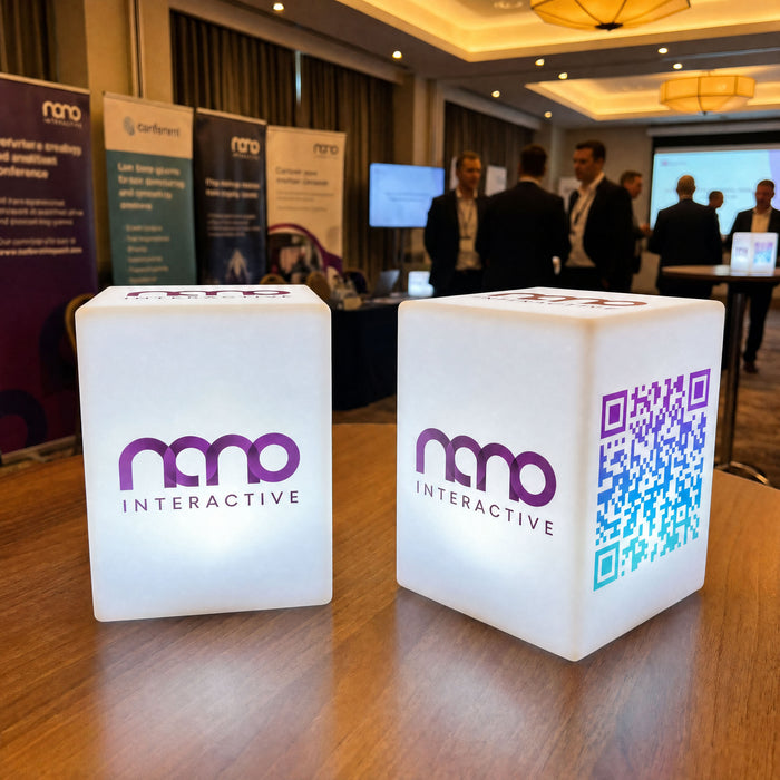 Custom Light Box, Branded Logo Corporate Centerpiece for Conference, Business Event Decor, Light Up Customizable Cube Display Block Totem Sign