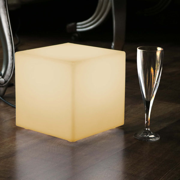 20cm Illuminated Cube, Mains Powered Bedside Lamp, LED E27 Warm White