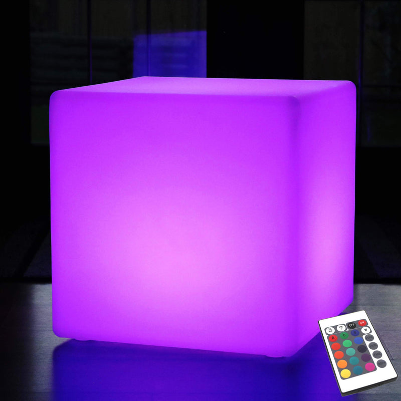 Outdoor LED Cube Seat Stool Table, 50 cm Garden Floor Lamp, Wireless RGB Light with Remote