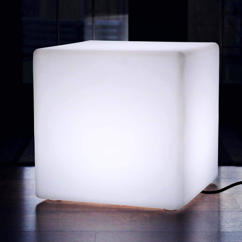 Large 60cm LED Cube Stool Seat, Geometric Floor Lamp, Mains Powered, White E27 Bulb Fitted