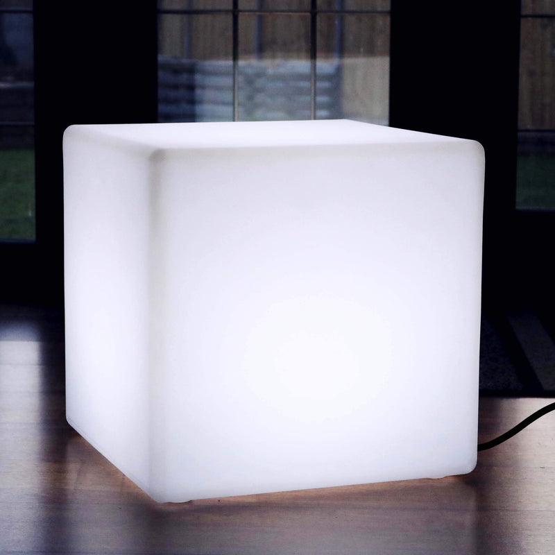 50cm LED Cube Stool Seat, Modern Floor Lamp, Mains Operated, White E27 Bulb Installed