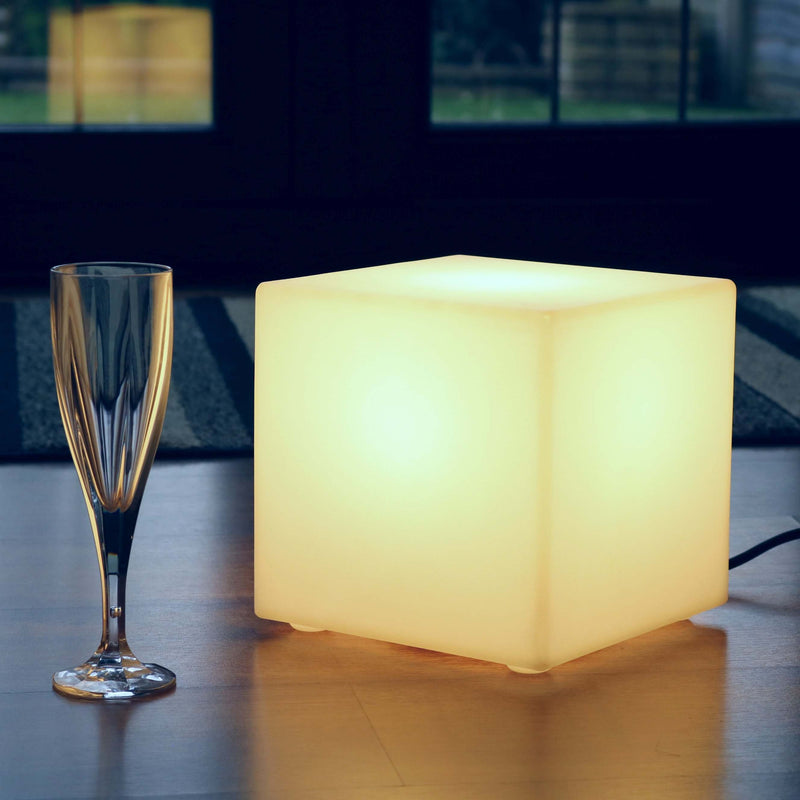 20cm Illuminated Cube, Mains Powered Bedside Lamp, LED E27 Warm White