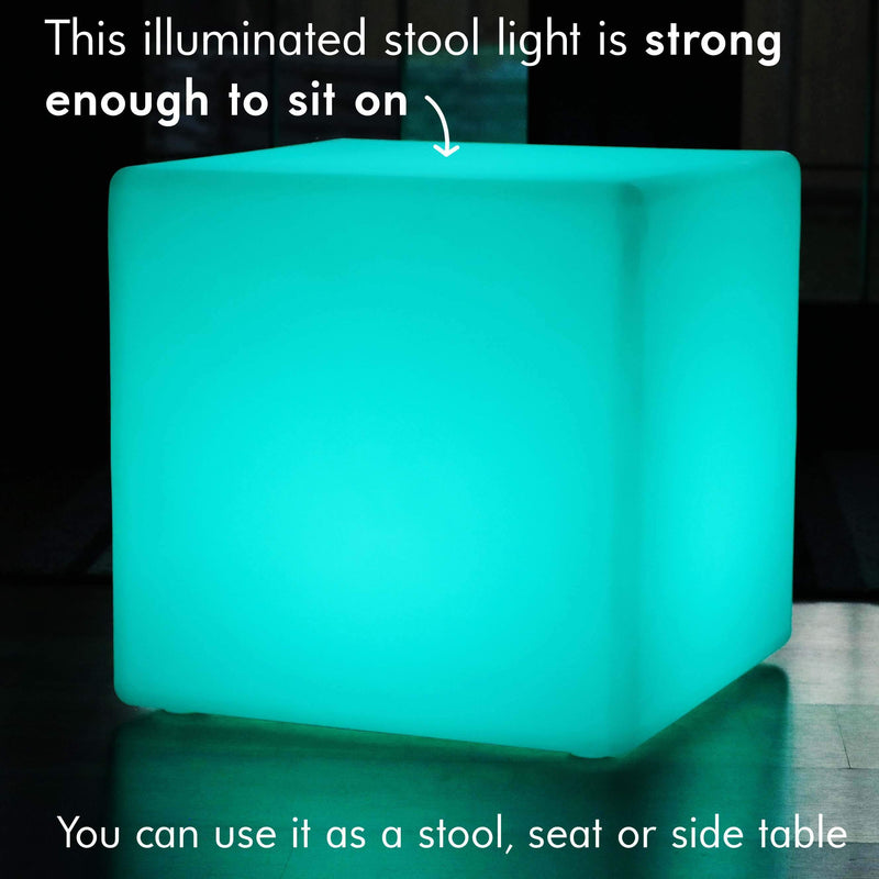 Large Outdoor LED Cube Stool Seat Furniture, 60cm Garden Floor Lamp, Rechargeable RGB Light