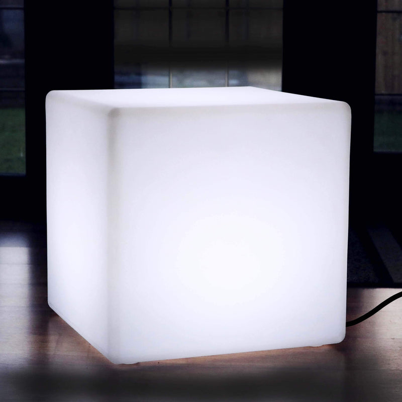 Large 60cm LED Cube Stool Seat, Geometric Floor Lamp, Mains Powered, White E27 Bulb Fitted