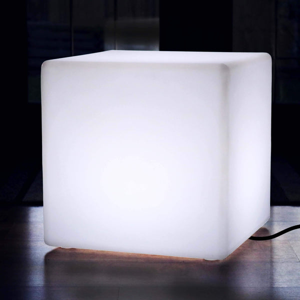 50cm LED Cube Stool Seat, Modern Floor Lamp, Mains Operated, White E27 Bulb Installed
