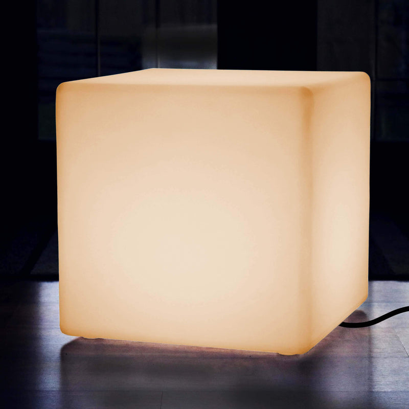 Large LED Cube Stool Seat, Mains Powered 50cm Floor Lamp, Illuminated Furniture, E27 Warm White