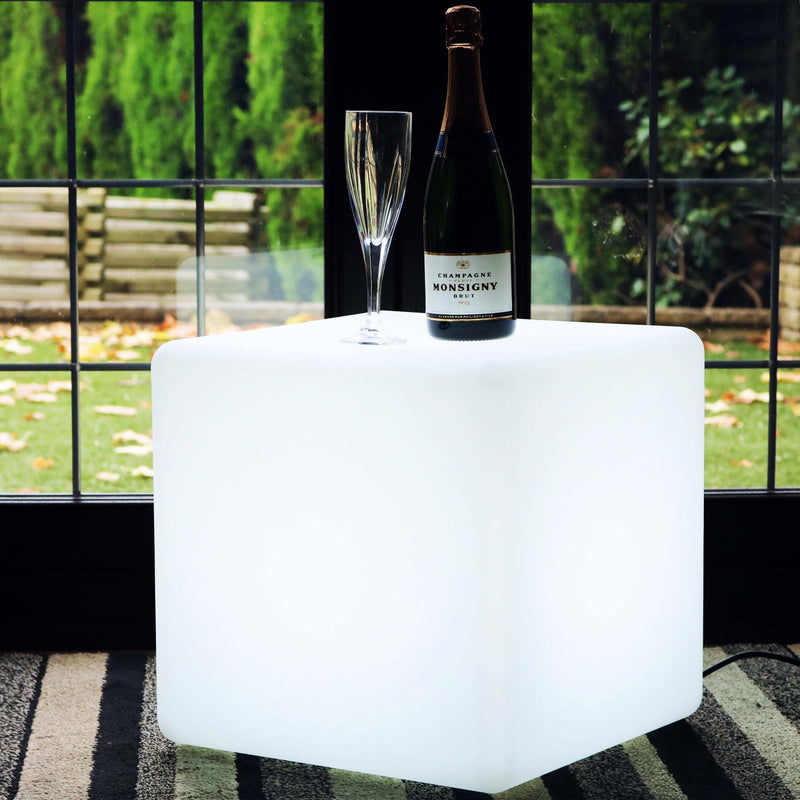 LED Cube Stool 40cm, Floor Standing Lamp, White E27 Bulb Installed