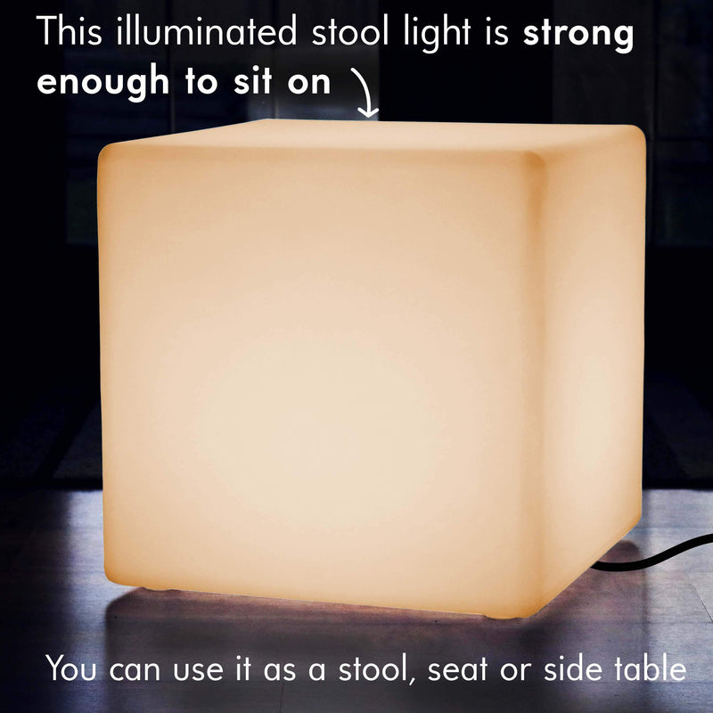 Large LED Seat Stool Cube, Mains Operated 60cm Floor Lamp, Illuminated Furniture, Warm White E27