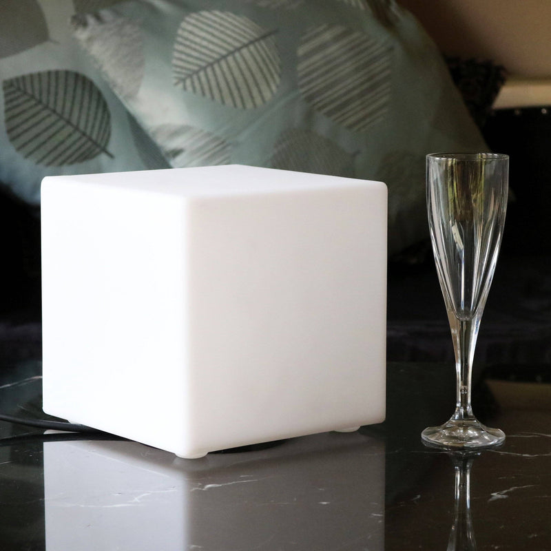 Mains Powered LED Table Lamp, 20cm Cube, White E27 Bulb Installed