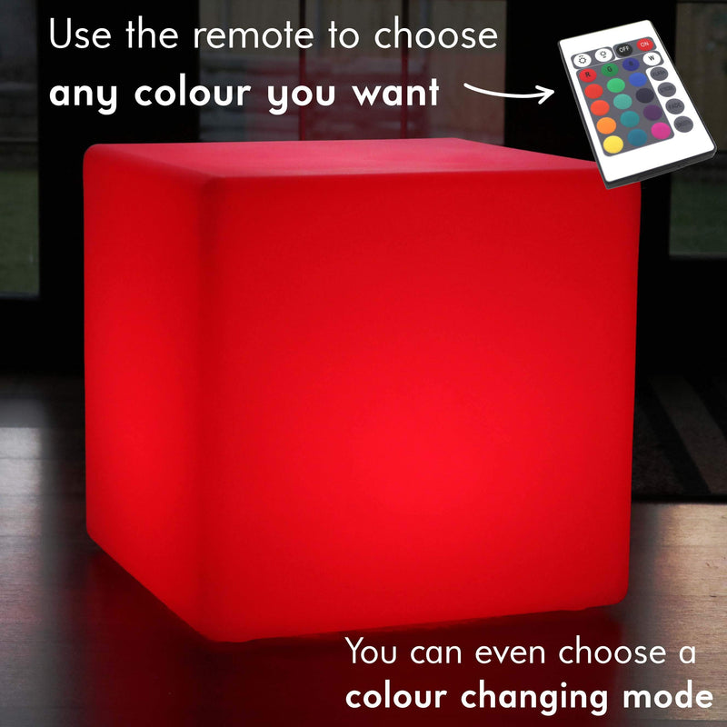 Large Outdoor LED Cube Stool Seat Furniture, 60cm Garden Floor Lamp, Rechargeable RGB Light
