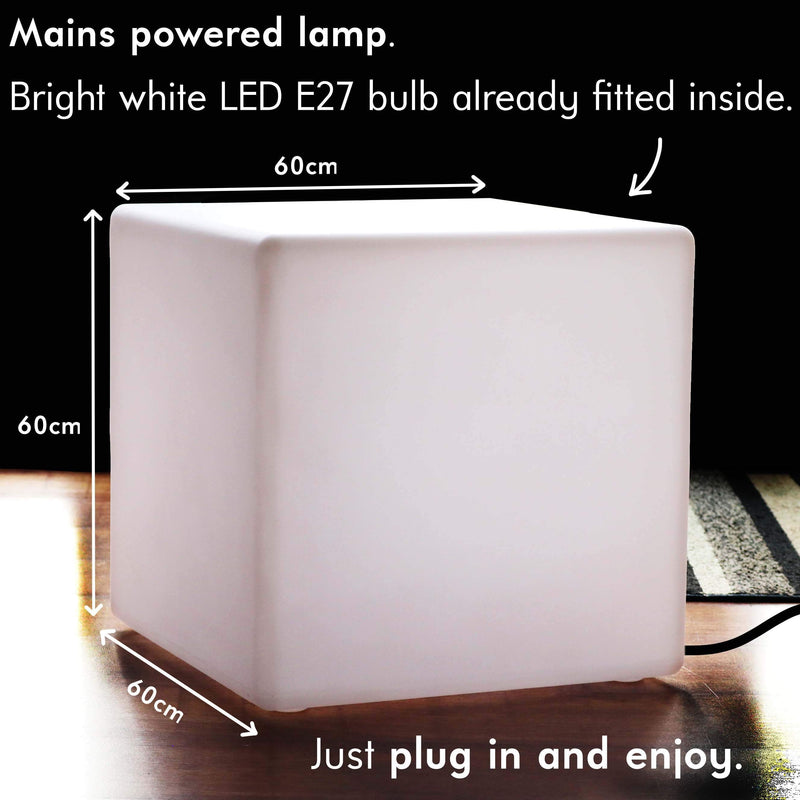 Large 60cm LED Cube Stool Seat, Geometric Floor Lamp, Mains Powered, White E27 Bulb Fitted