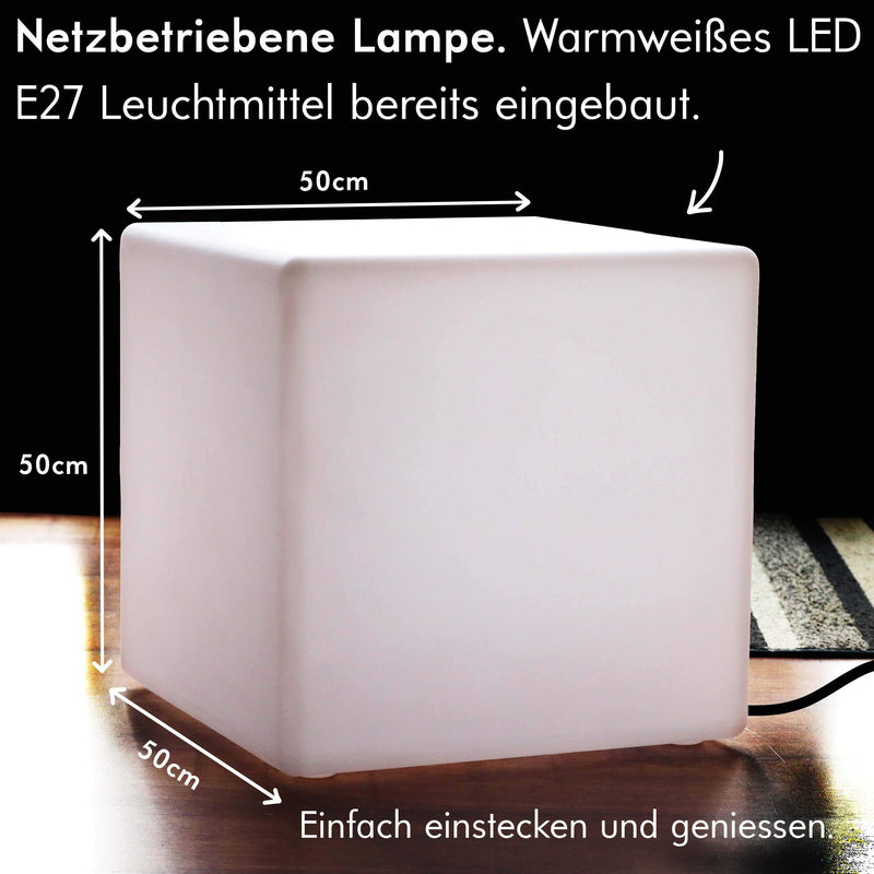 Large LED Cube Stool Seat, Mains Powered 50cm Floor Lamp, Illuminated Furniture, E27 Warm White