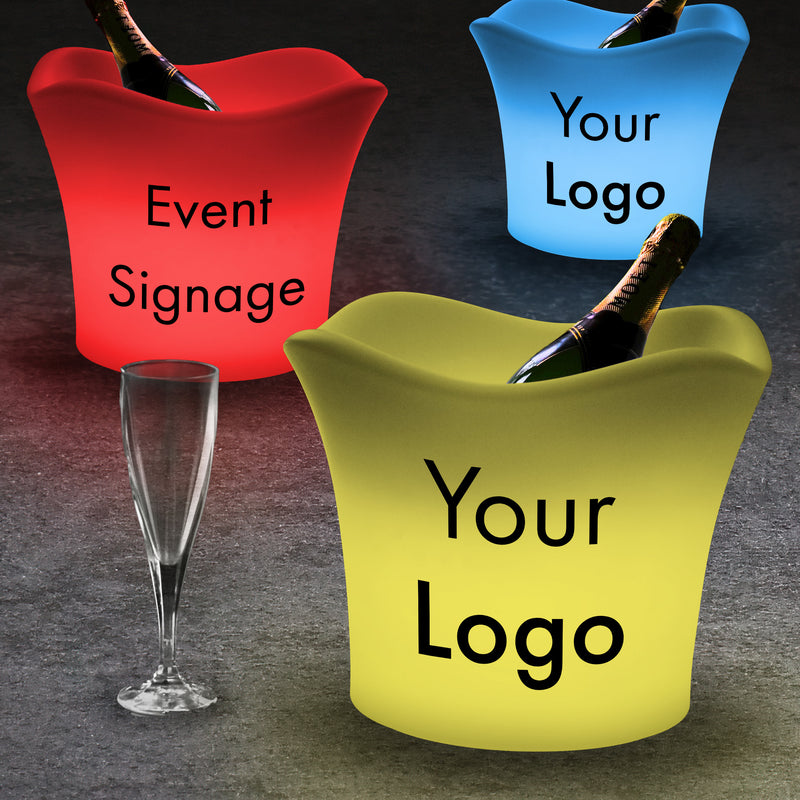 Branded Decorations for Conferences, Venue Signs, Branded Party Centerpieces for Corporate Dinners, Exhibit Signage, Color Changing LED Wine Bucket