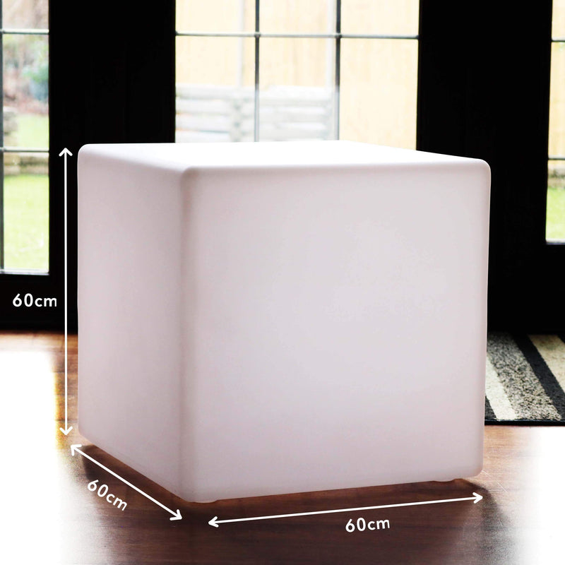 Large Outdoor LED Cube Stool Seat Furniture, 60cm Garden Floor Lamp, Rechargeable RGB Light