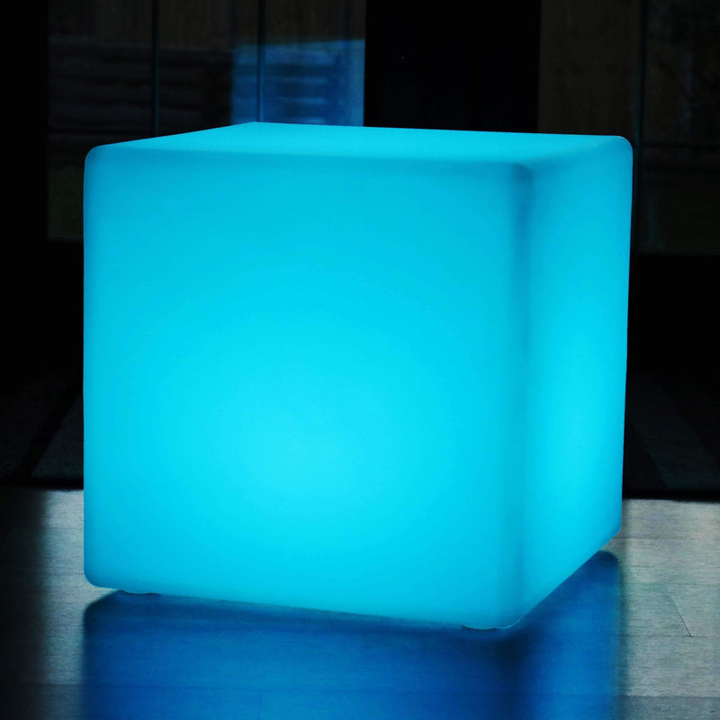 Large Outdoor LED Cube Stool Seat Furniture, 60cm Garden Floor Lamp, Rechargeable RGB Light