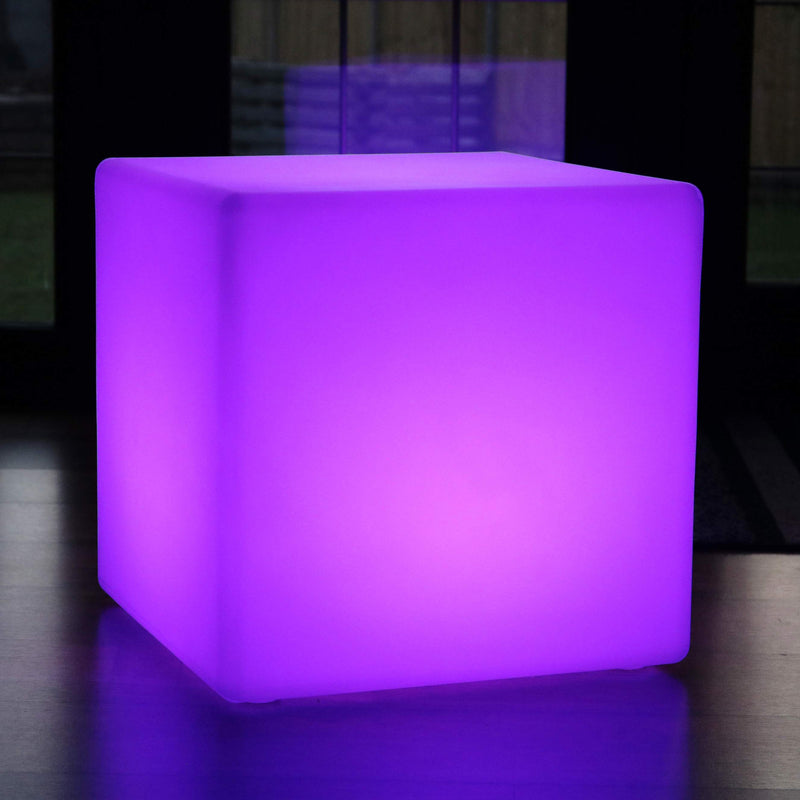 Large Outdoor LED Cube Stool Seat Furniture, 60cm Garden Floor Lamp, Rechargeable RGB Light